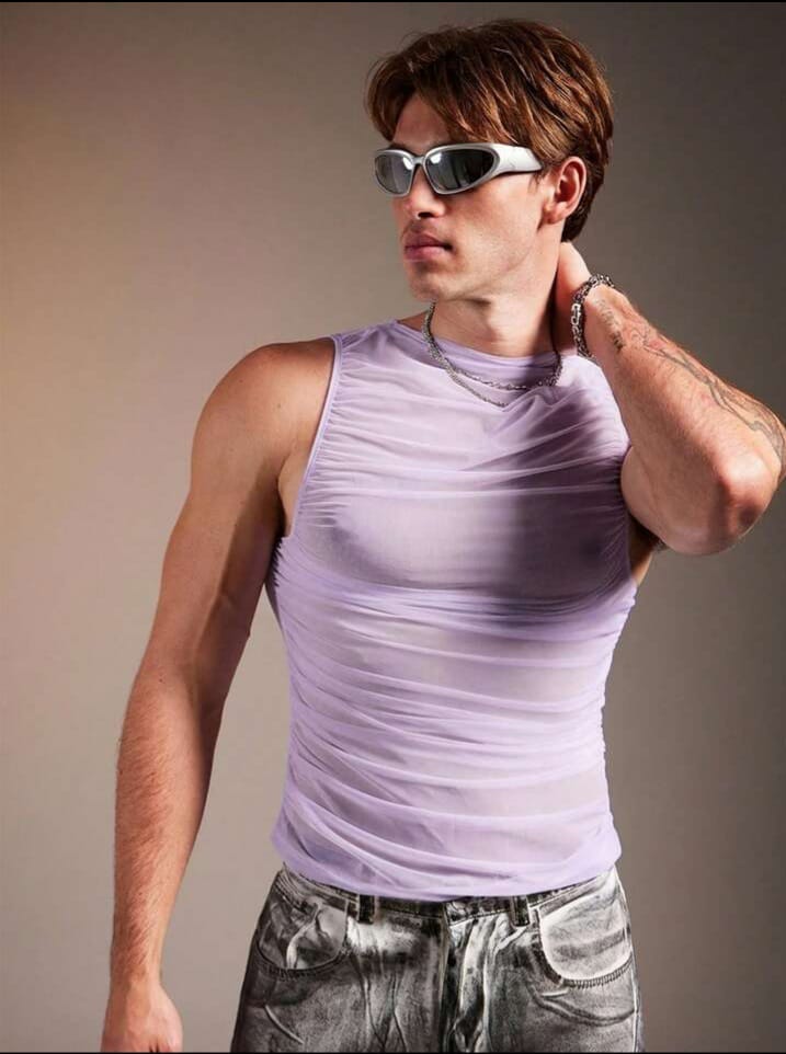 Men's mesh sheer ,ruched design,slim fit men's tank top
